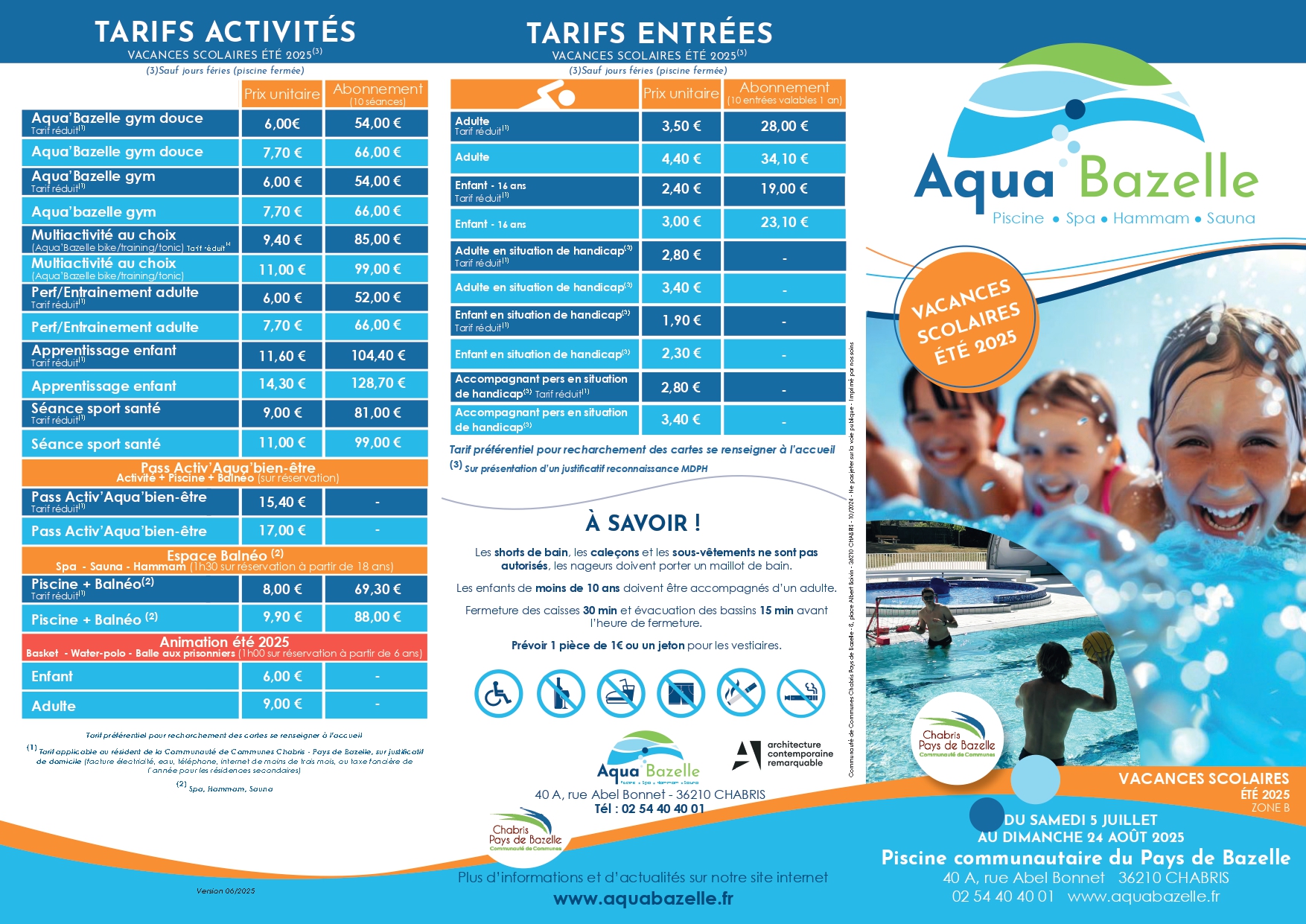 Horaires et tarifs piscine Aqua'Bazelle - Eté 2025