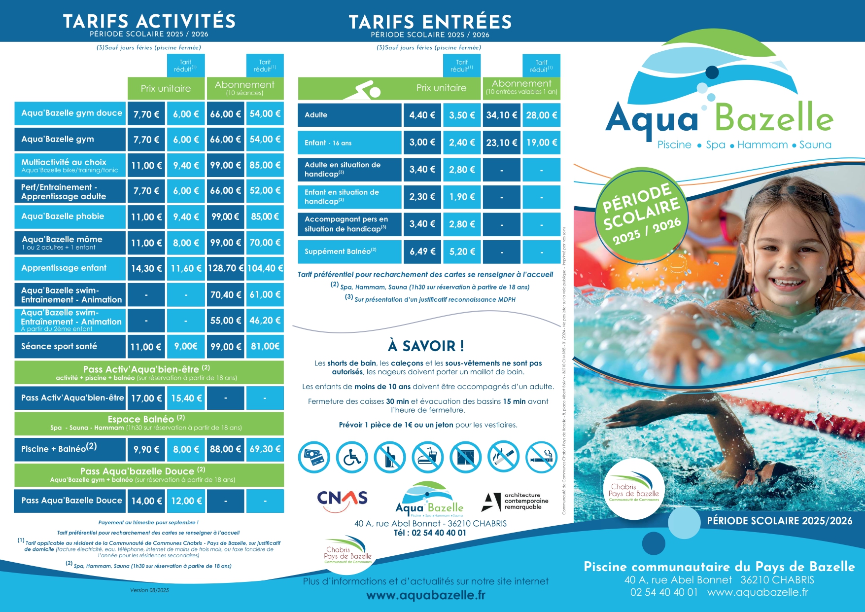 Horaires et activités rentrée scolaire 2025-2026 - Piscine Aqua'Bazelle