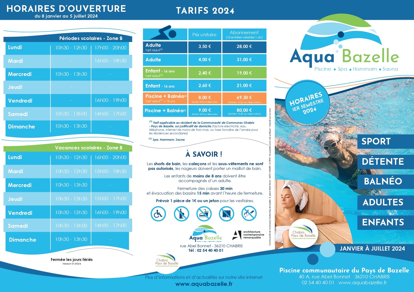 Horaires et activités piscine Aqua'bazelle - 1er semestre 2024