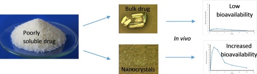 Overview graphic with bioavailabilty comparison of bulk drug and drug nanocrystals