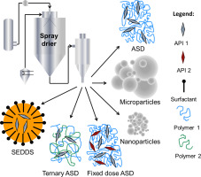 Schematic representation of amorphous solid dispersions, microparticles, nanoparticles, Ternary ASD and Self-emulsifying drug delivery systems prepared by spray drying.
