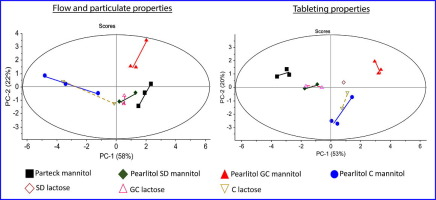 Graphic with overview flow and particulate properties of mannitol and lactose grades