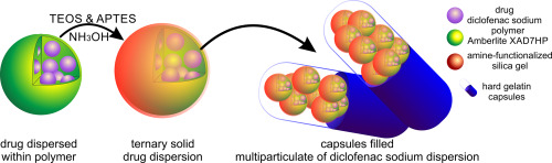 Graphic shows the  multiparticulate formulation of diclofenac sodium (DS) consisting of subunits closed inside hard gelatin capsules