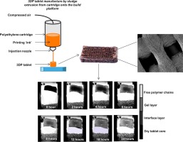 Graphic showing 3D printed tablet manufacturing by sludge extrusion