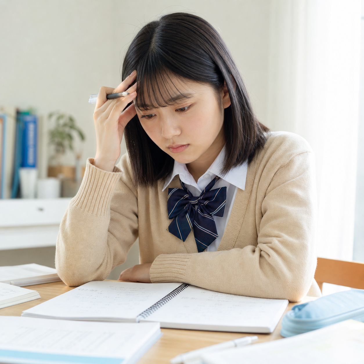 数学のノートを見て悩む高校生