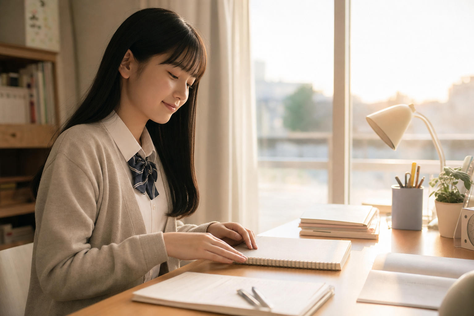 勉強後に少し安心した表情の高校生