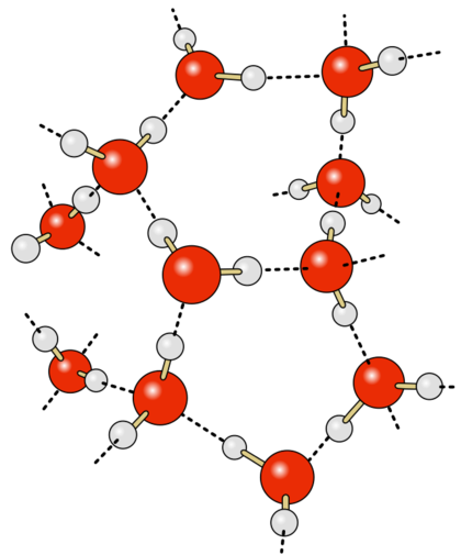 Räumliche Vernetzung der H2O-Moleküle: Wasserstoffbrückenbindungen (gestrichelt). Rot: O-Atome, grau: H-Atome