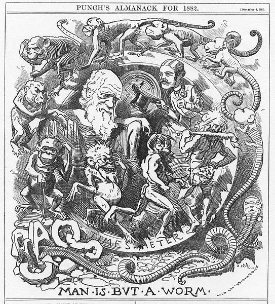 „Der Mensch nur ein Wurm“, karikaturistische Kritik am materialistischen Reduktionismus der Evolutionstheorie (1882).