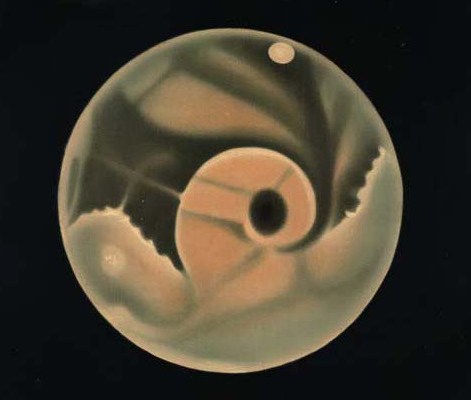 Mars auf einer astronomischen Zeichnung des 19. Jahrhunderts (Trouvelot, 1881)