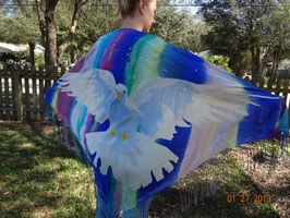 Hand Dyed Silk Prayer Shawl with Large White Dove and long fringe