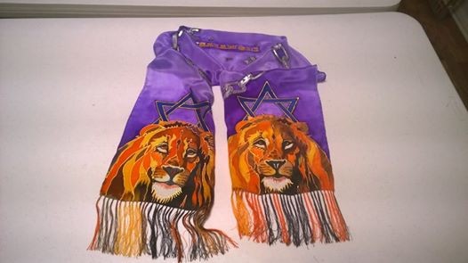 Silk Scarf with Two Majestic Lions, each one crowned with the Star of David and having long, fringed beards.  Broken Chains around Isaiah 61:1 Scripture from the Bible.  Purple background.