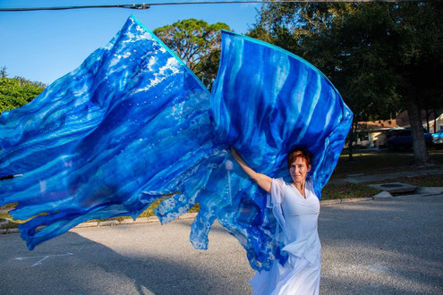 Flag with silk colored to look like water and foam