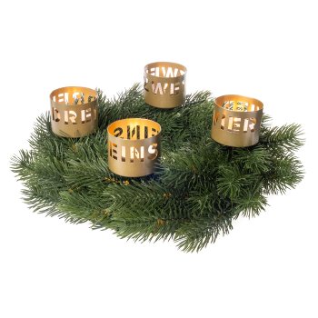Goldene Teelichthalter zum Stecken für den Adventskranz -  mit den ausgestanzten Wörtern: EINS, ZWEI, DREI und VIER.