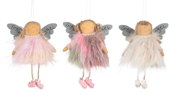 Drei Flauschige Engel zum Anfassen, Schutzengel im rosa / weißen Kleider und mit "Schutz engel" beschrifteten Metallflügeln.