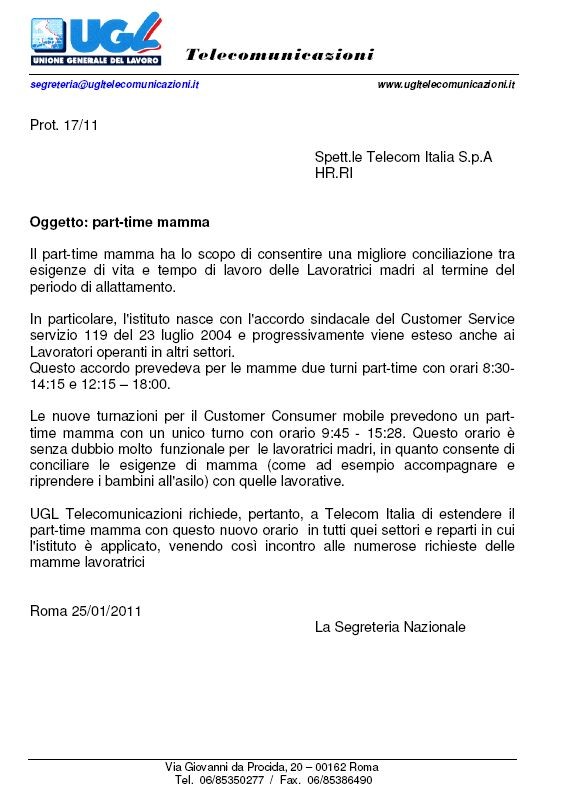Lettera cambio orario di lavoro