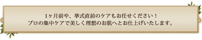 1ヶ月前や、挙式直前のケアもお任せください! プロの集中ケアで美しく理想のお肌へとお仕上げいたします。