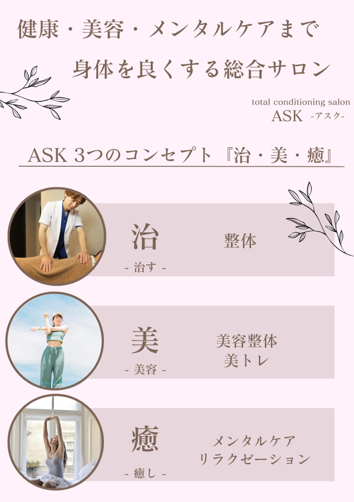 整体、美容整体、美トレ、パーソナルトレーニング、メンタルケア、マッサージ、腰痛、肩こり