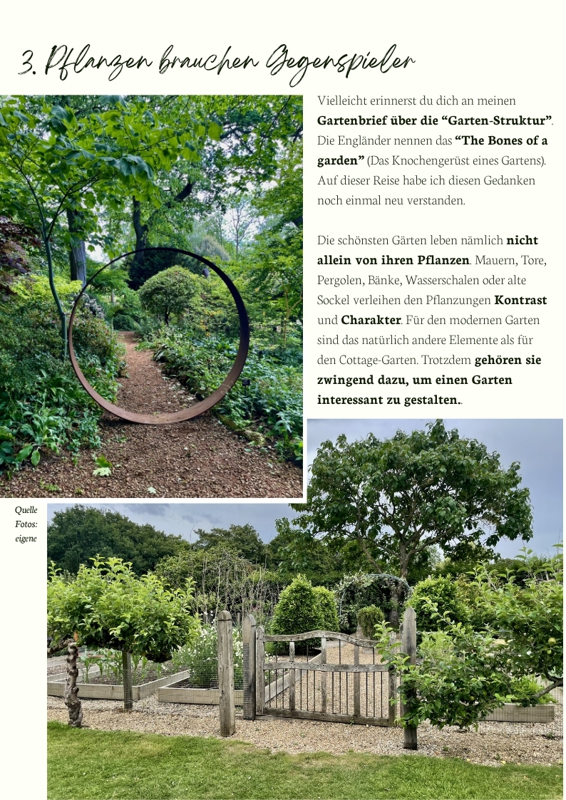 Englischer Garten mit Tor, Gartenkunst, Sitzplatz und Struktur-Elementen – „Bones of the Garden“ schaffen Charakter, Sichtachsen und Atmosphäre im naturnah gestalteten Garten.