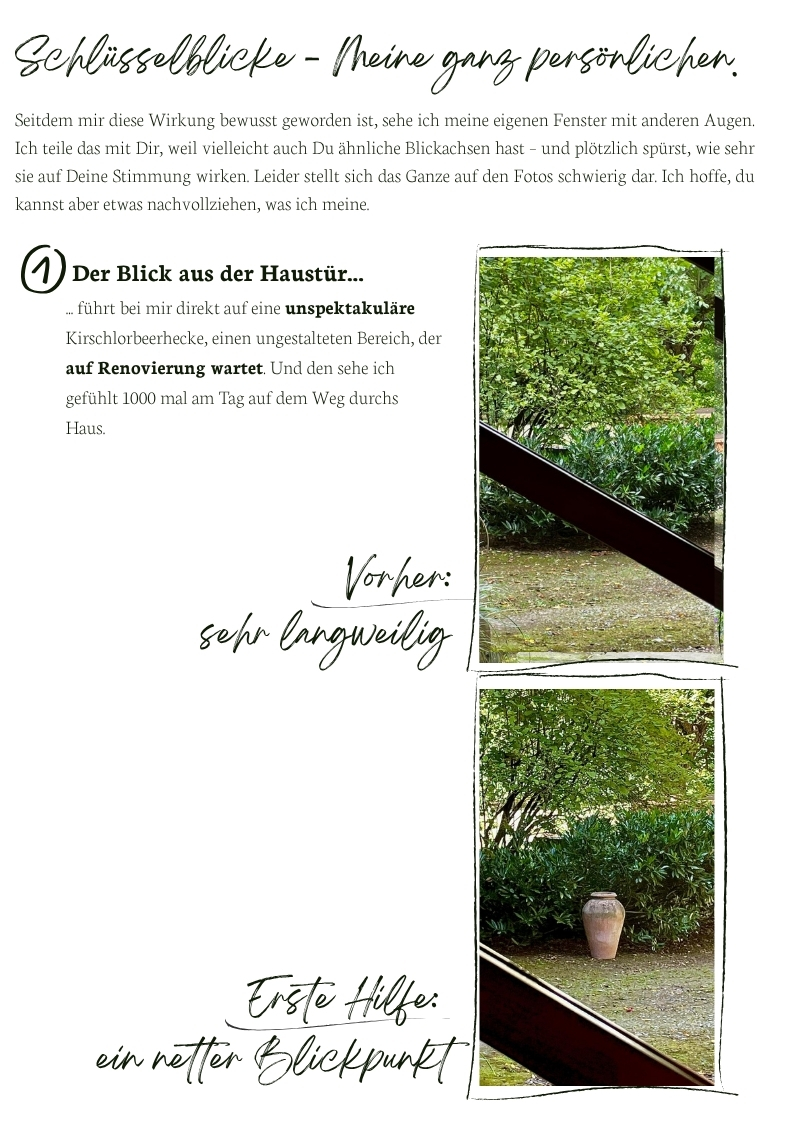 Langweiliger Blick aus der Haustür auf ungestaltete Gartenfläche mit Kirschlorbeer und Gestalteter Sichtpunkt mit Terrakottakrug – erste Maßnahme zur Aufwertung eines Schlüsselblicks