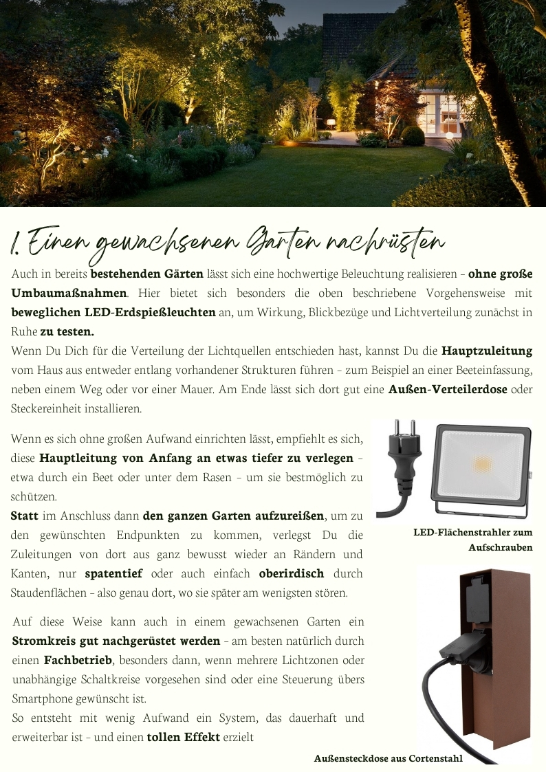 Beleuchteter Garten mit LED-Spots, LED-Flächenstrahler und Außensteckdose aus Cortenstahl zur Nachrüstung im Bestandsgarten.