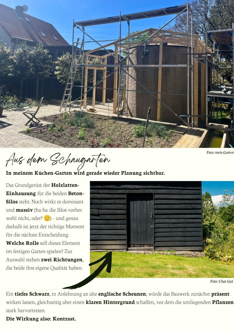 Holzlatten-Einhausung im Bau für Beton-Silos im Küchengarten – Gartengestaltung mit geplanter schwarzer Holzfassade im Stil englischer Scheunen