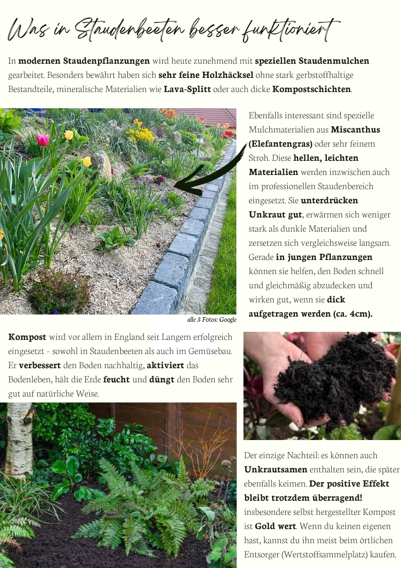 Staudenmulch im Garten – feine Holzhäcksel, Miscanthus-Mulch, Kompost und bodendeckende Mulchmaterialien für moderne Staudenpflanzungen und pflegeleichte Beete
