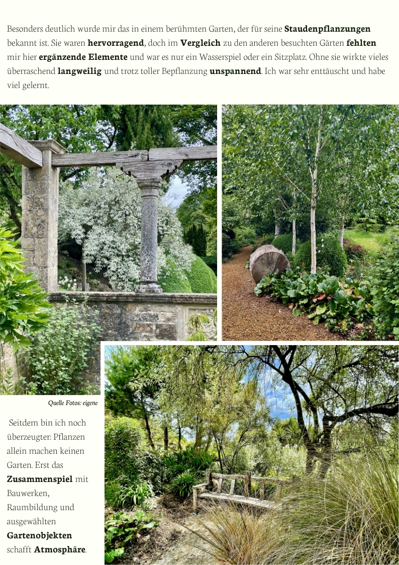 Englischer Garten mit Naturstein-Pergola, Sitzbank, Gehölzen und Gartenräumen – Gartenarchitektur und Gestaltungselemente verleihen Pflanzungen Tiefe, Atmosphäre und Charakter.