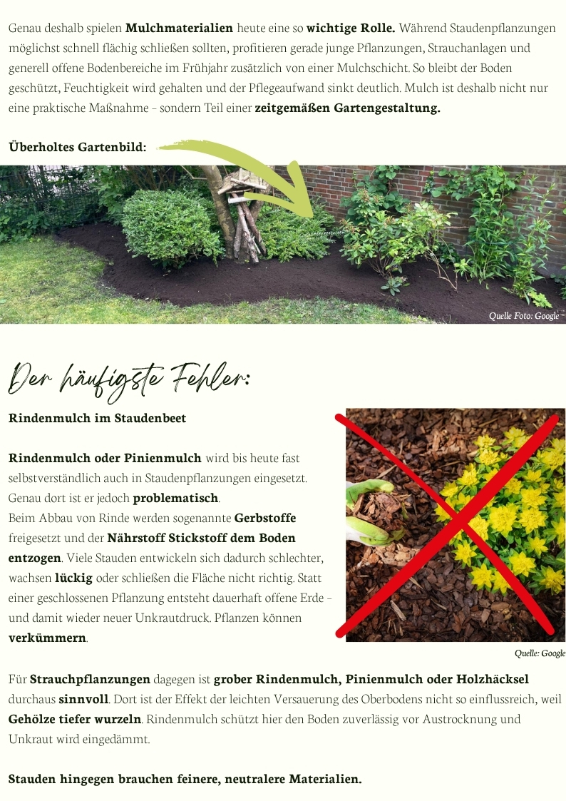 Rindenmulch im Staudenbeet als häufiger Gartenfehler – offene Bodenflächen mit grobem Mulch und lückiger Staudenpflanzung im Vergleich zu moderner Mulchgarten-Gestaltung
