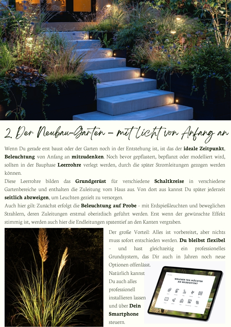 Gartenbeleuchtung im Neubau: beleuchtete Treppe, angestrahltes Ziergras und Tablet zur Lichtsteuerung per App.