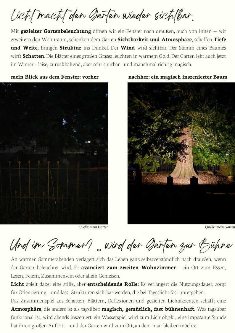Zwei Gartenfotos im Vergleich: links ein dunkler, unbeleuchteter Gartenbereich vor der Lichtinstallation, rechts derselbe Bereich mit gezielter Beleuchtung eines großen Baumes durch LED-Strahler – deutlicher Unterschied in Atmosphäre und Strukturwirkung