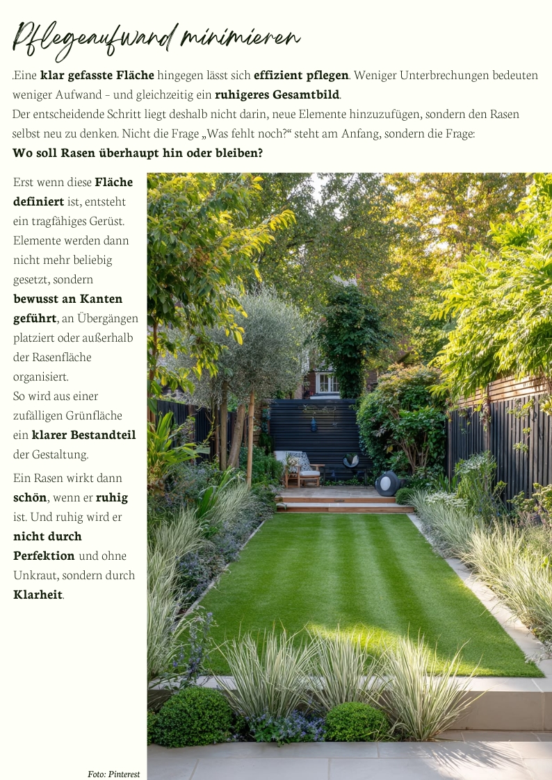 Pflegeleichter Garten mit klarer Rasenfläche und geraden Kanten, eingefasst von Stauden und Gehölzen – strukturierte Gartengestaltung mit geringem Pflegeaufwand