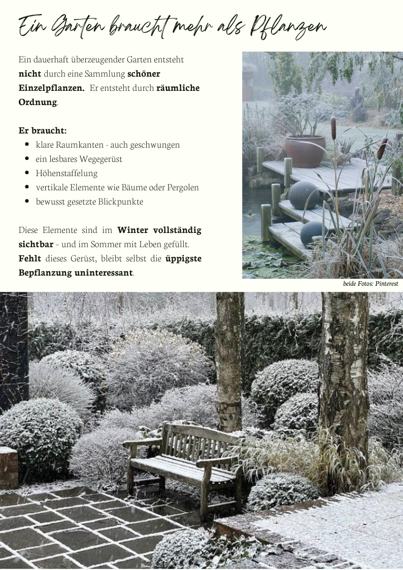 Gartengestaltung im Winter mit klarer Raumstruktur, Wegeführung und Sitzplatz – Beispiel für Gartenarchitektur mit Raumkanten und vertikalen Elementen