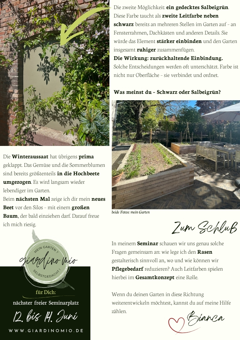 Gartengestaltung mit Leitfarben – Salbeigrüne Wand als ruhiger Hintergrund im Garten sowie Hochbeete im Küchengarten mit Winteraussaat und klarer Struktur