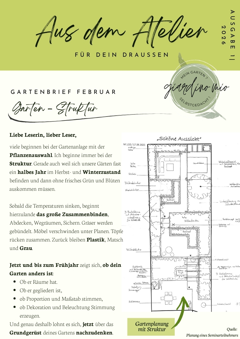 Gartenplanung mit Struktur – Gartenbrief Februar von Giardino Mio über Gartengestaltung, Raumgliederung, Wegeführung und Grundrissplanung im Garten