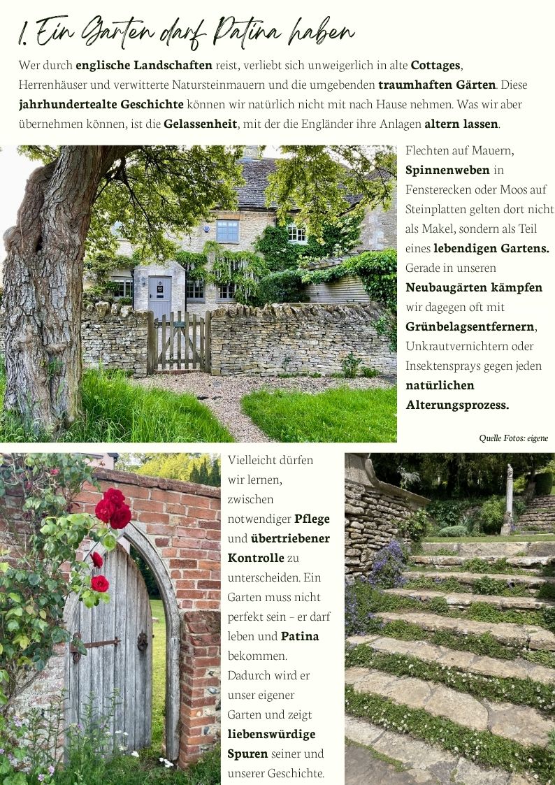 Historisches englisches Cottage mit Natursteinmauer, altem Holztor und verwitterten Gartenelementen – Patina, natürliche Alterung und zeitlose Gartengestaltung in englischen Landhausgärten.