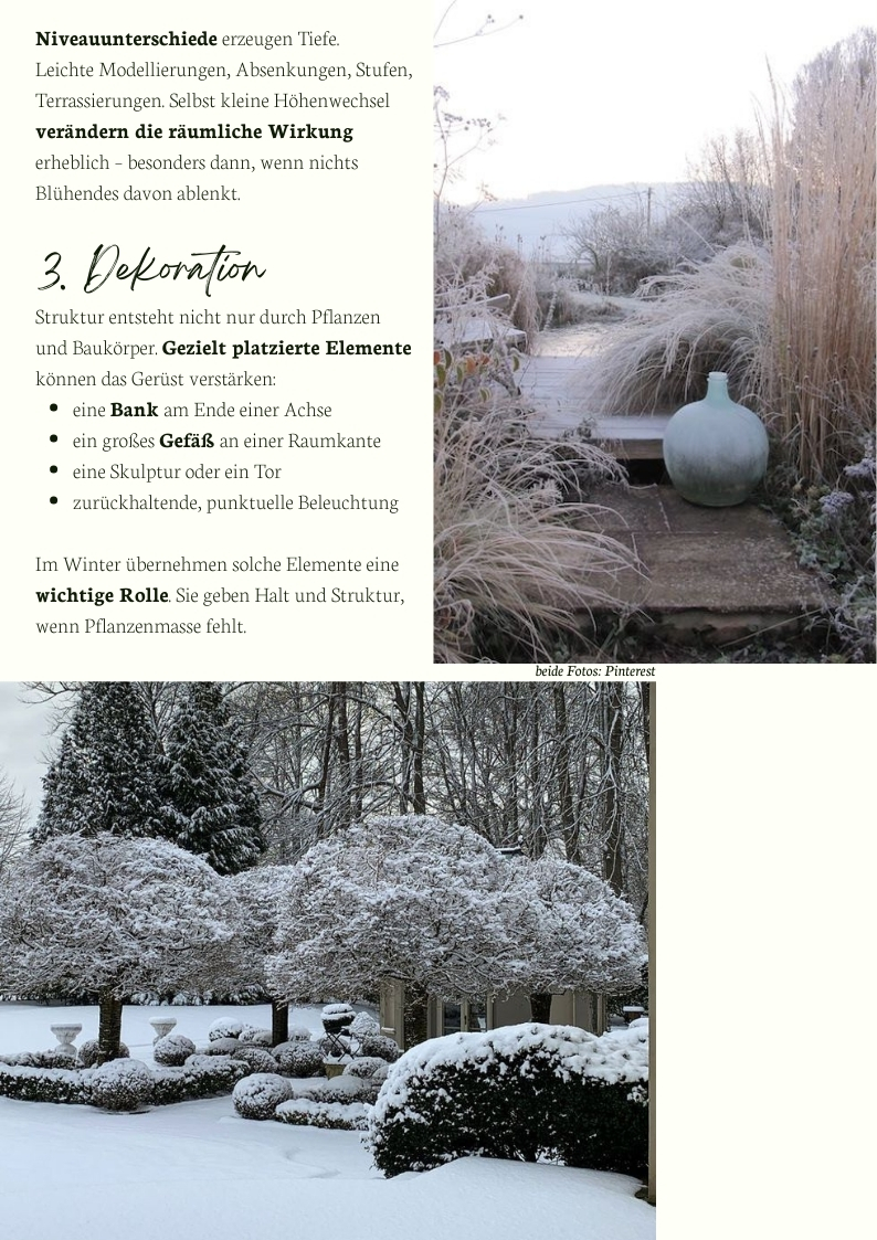 Gartenarchitektur im Winter mit Niveauunterschieden, Dekoration und Struktur – moderne Gartengestaltung mit Gefäßen, Achsen, Beleuchtung und formalen Hecken