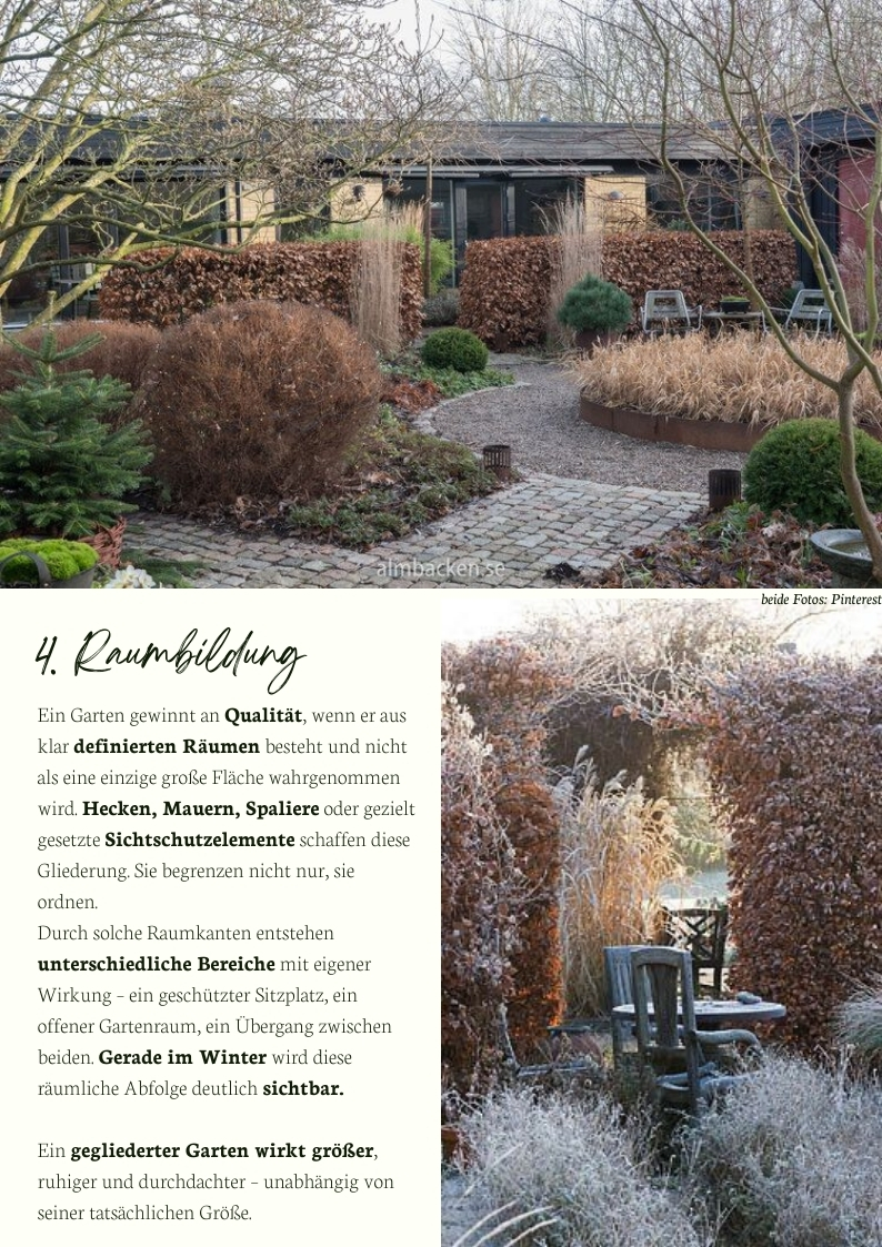Raumbildung im Garten durch Hecken, Mauern und Sichtschutz – strukturierte Gartengestaltung mit klar definierten Gartenräumen im Winter