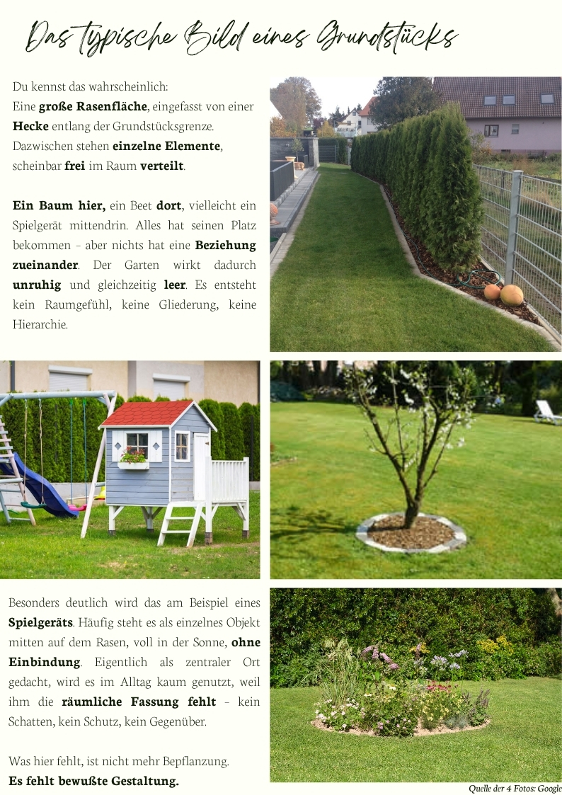 Typischer Neubaugarten mit großer Rasenfläche, Hecke und verstreuten Elementen wie Spielgerät, Baum und Beeten ohne klare Struktur und Raumgestaltung