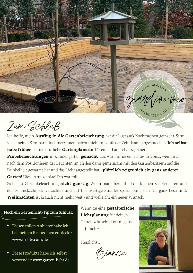 Garten mit Vogelhaus im Schaugarten von Giardino Mio, Hochbeete aus Holz und Aufruf zur Gartenlichtplanung