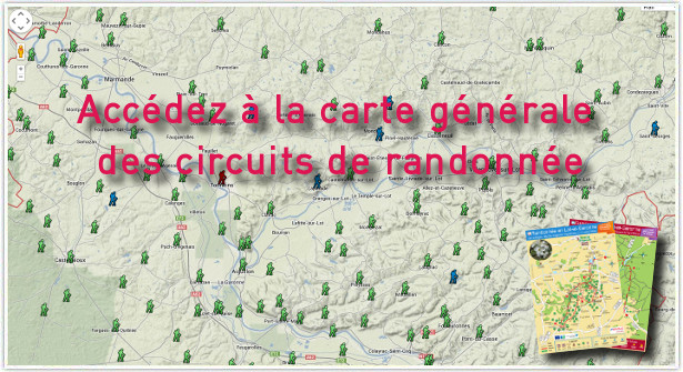 Carte des circuits randonnée en Lot-et-Garonne avec téléchargement des fiches .PDF et des traces .GPX © Comité Départemental du Tourisme de Lot-et-Garonne - Service Randonnée