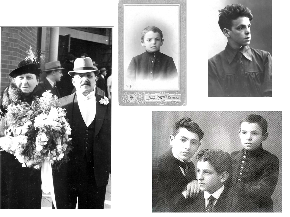 Father’s parents Haya and Leyb; Father aged 9 and 21 and with his brothers Yitshak (in the middle) and Abraham (left)