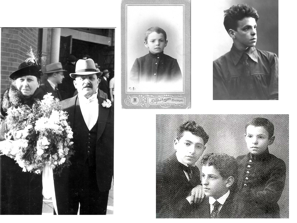 הוריו של אבא - חיה ולייב. אבא בגילאים 9 ו-21 ועם שני אחיו יצחק (באמצע) ואברהם