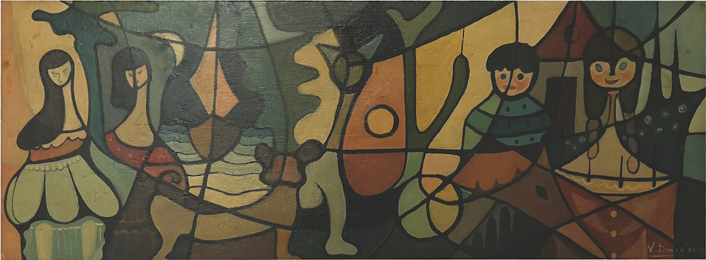 Composizione con figure, 1960 Olio su pannello di masonite, cm 35x90 Collezione privata Castiglione della Pescaia (GR)