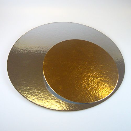 Spessore: 0,3 cm Sottotorta rotondi in cartoncino colorato oro e argento disponibili diverse misure