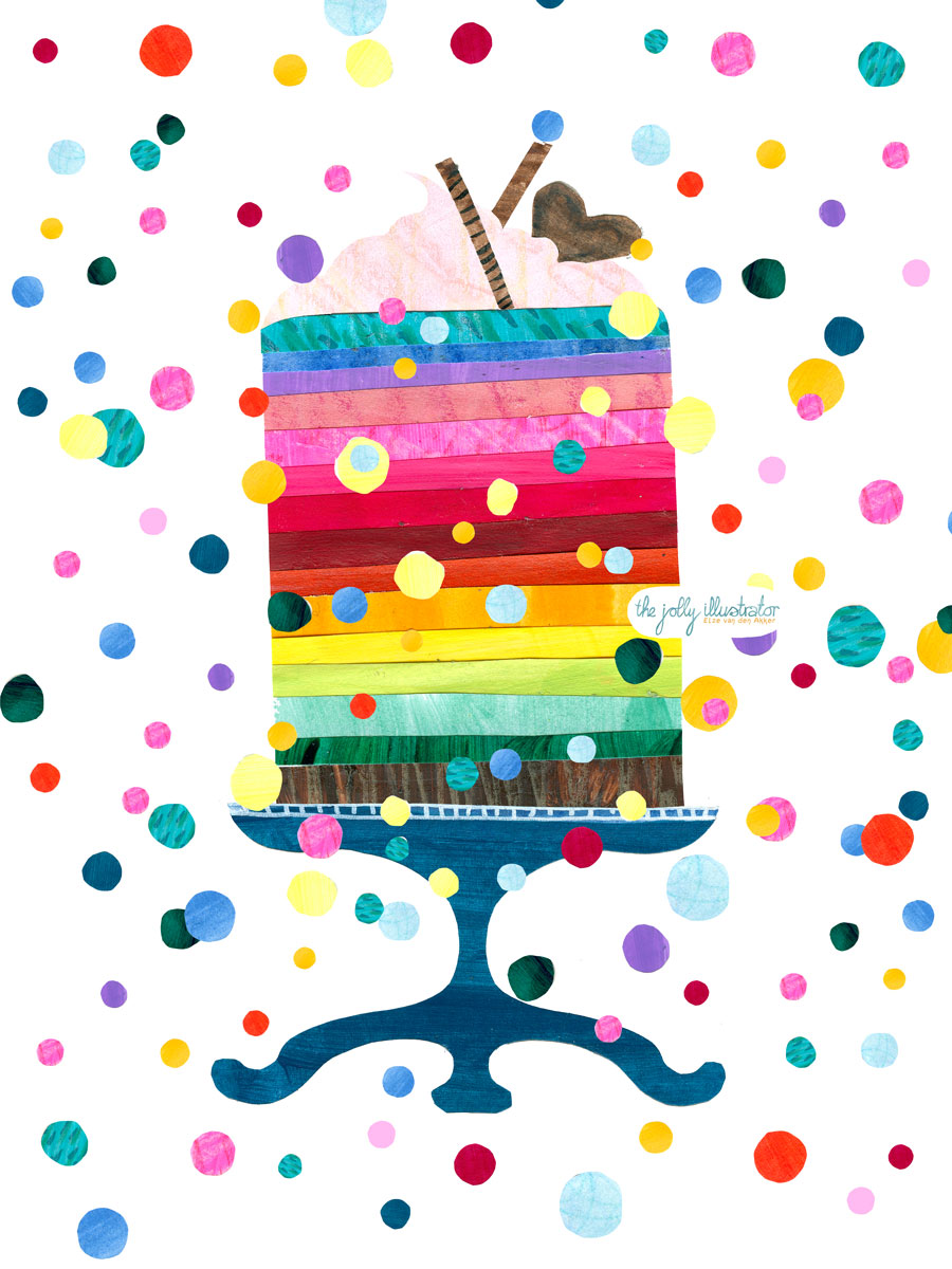 Rainbow celebration cake, LHBTQ+, gay marriage, birthday, equal rights, bold and playful collage by the jolly illustration