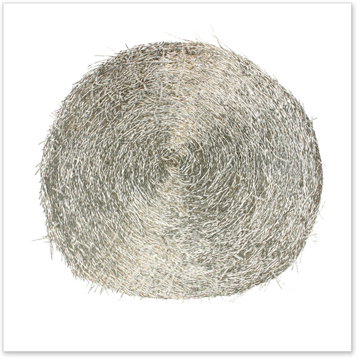 "STRAW BALE I", 170 x170cm. 2011. Gold plated metal staples. 170x170cm. First audience award Schwabach 2011 / Germany.