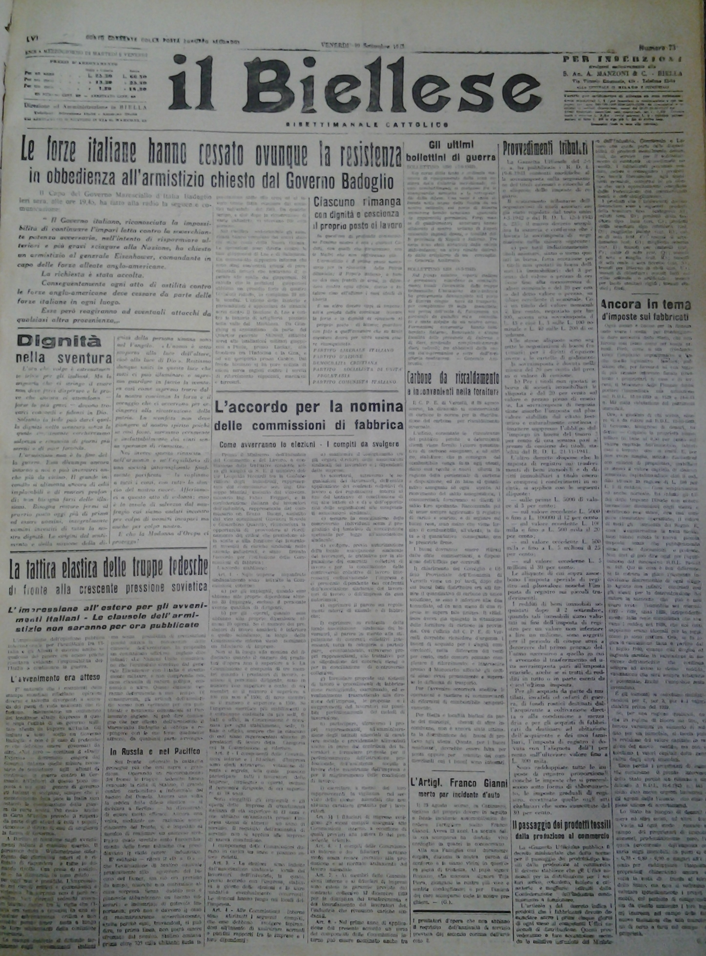 La prima pagina de "il Biellese" del 10 settembre 1943