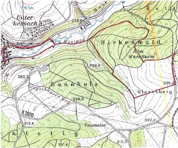 voraussichtliche Wanderroute (rot) und Limesverlauf (orange)