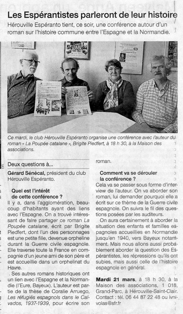 Ouest-France du 21/03/2017 - Les espérantistes accueillent Brigite Piedfert pour une conférence autour de son roman "La poupée catalane" 