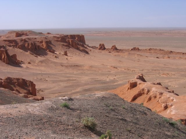 In dit landschap 'The flaming Cliffs' in de Gobi Woestijn zijn skeletten van dinosaurussen gevonden.